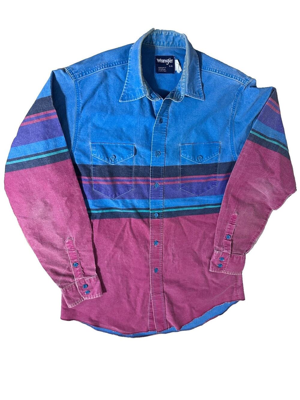 Vintage Wrangler Brush Popper SXLong Tails Western Button Up SZ L 16-35 Flaw